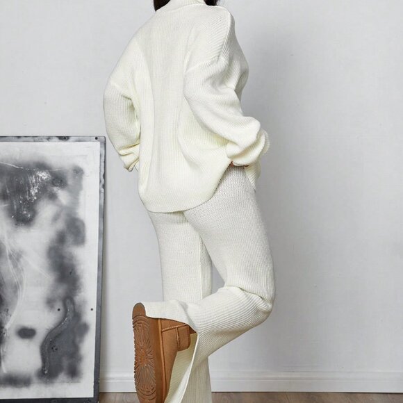 White Casual Women's Cute Knitted Sweater Pants Set - Picture 2 of 7